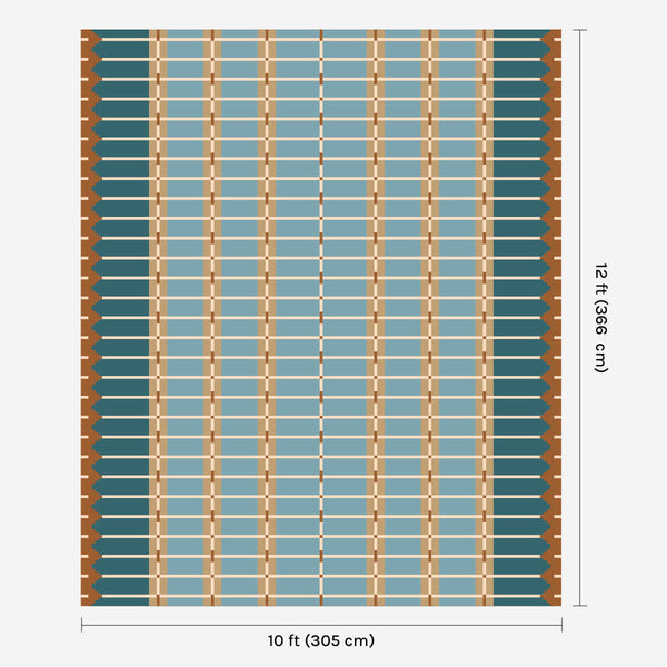 Blue and ochre flatweave wool rug digital mock-up showing 10ft x 12ft (approx 305 x 365cm) size for scale.