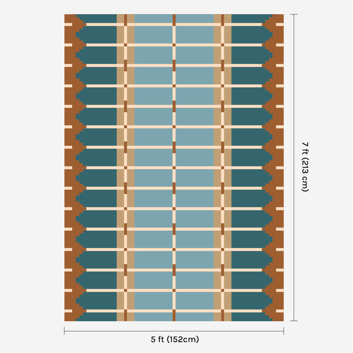 Blue and ochre flatweave wool rug digital mock-up showing 5ft x 7ft (approx 150 x 210cm) size for scale.
