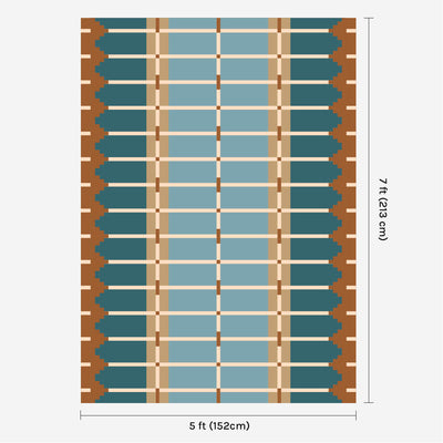 Blue and ochre flatweave wool rug digital mock-up showing 5ft x 7ft (approx 150 x 210cm) size for scale.