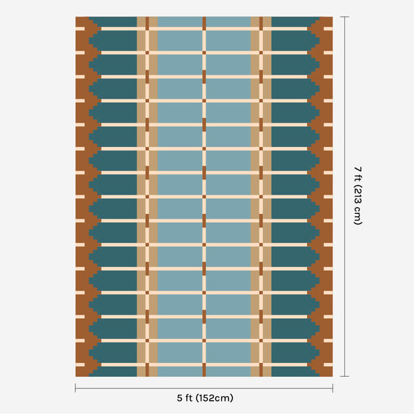 Blue and ochre flatweave wool rug digital mock-up showing 5ft x 7ft (approx 150 x 210cm) size for scale.