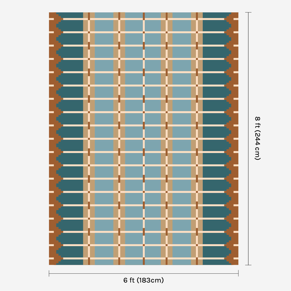 Blue and ochre flatweave wool rug digital mock-up showing 6ft x 8ft (approx 180 x 245cm) size for scale.