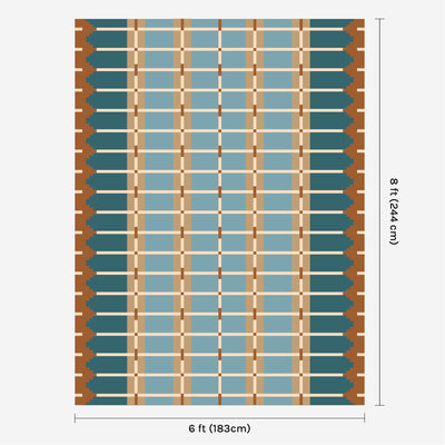 Blue and ochre flatweave wool rug digital mock-up showing 6ft x 8ft (approx 180 x 245cm) size for scale.