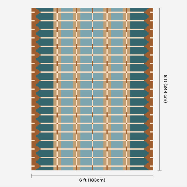 Blue and ochre flatweave wool rug digital mock-up showing 6ft x 8ft (approx 180 x 245cm) size for scale.