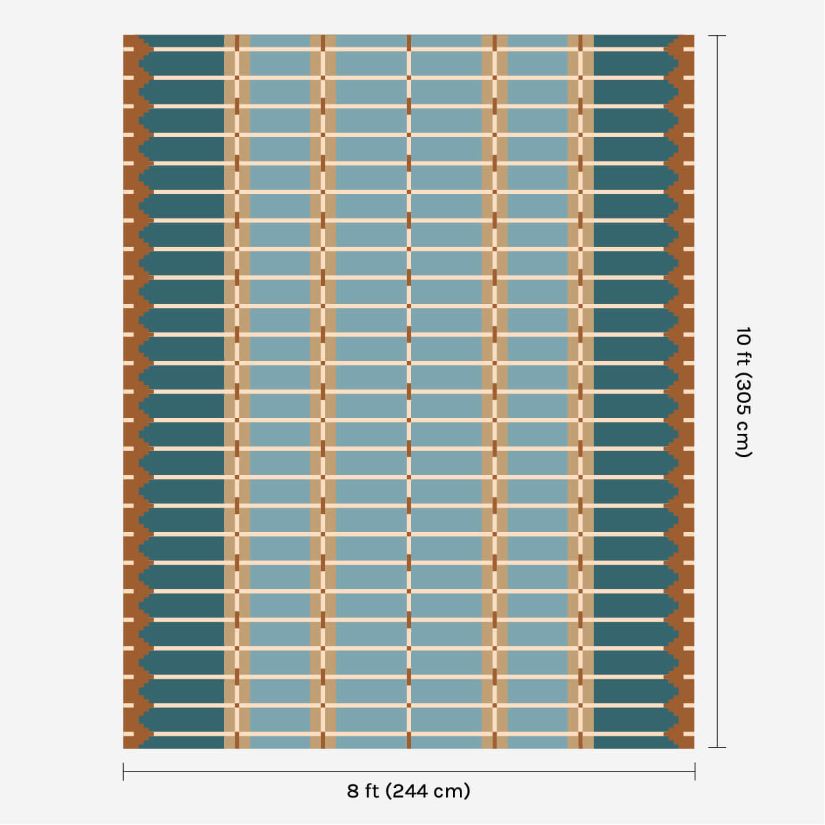 Blue and ochre flatweave wool rug digital mock-up showing 8ft x 10ft (approx 245 x 305cm) size for scale.