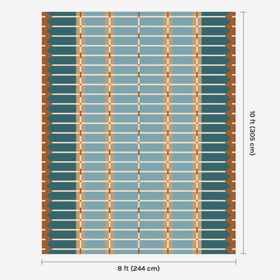 Blue and ochre flatweave wool rug digital mock-up showing 8ft x 10ft (approx 245 x 305cm) size for scale.