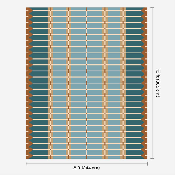 Blue and ochre flatweave wool rug digital mock-up showing 8ft x 10ft (approx 245 x 305cm) size for scale.