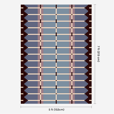 Pigeon blue flatweave wool rug digital mock-up showing 5ft x 7ft (approx 150 x 210cm) size for scale.