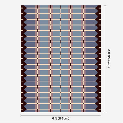 Pigeon Blue flatweave wool rug digital mock-up showing 6ft x 8ft (approx 180 x 245cm) size for scale.