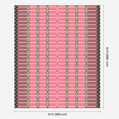 Pink and Green flatweave wool rug digital mock-up showing 10ft x 12ft (approx 305 x 365cm) size for scale.