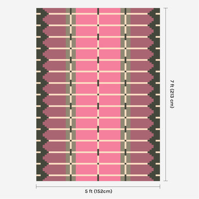 Pink and green flatweave wool rug digital mock-up showing 5ft x 7ft (approx 150 x 210cm) size for scale.