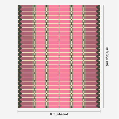 Pink and green flatweave wool rug digital mock-up showing 8ft x 10ft (approx 245 x 305cm) size for scale.