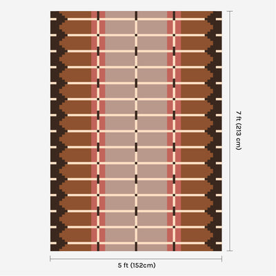 Taupe brown flatweave wool rug digital mock-up showing 5ft x 7ft (approx 150 x 210cm) size for scale.