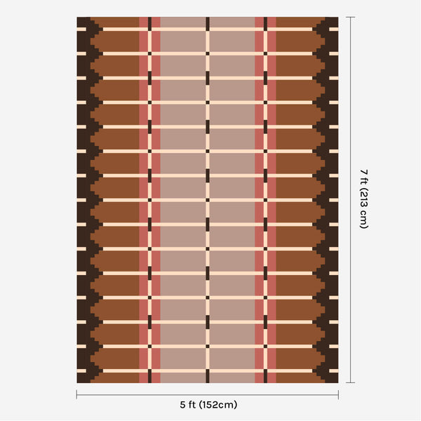 Taupe brown flatweave wool rug digital mock-up showing 5ft x 7ft (approx 150 x 210cm) size for scale.