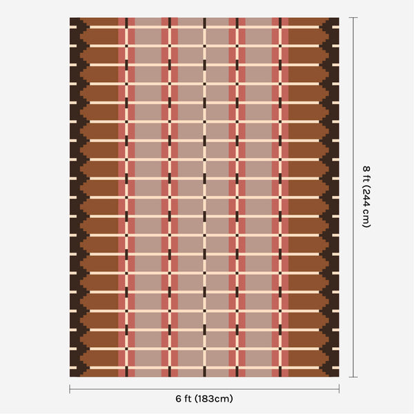 Taupe brown flatweave wool rug digital mock-up showing 6ft x 8ft (approx 180 x 245cm) size for scale.