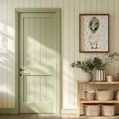 white duck illustration with ducks head in vintage frame. Perfect for Cottage home, vintage childrens style nursery room.