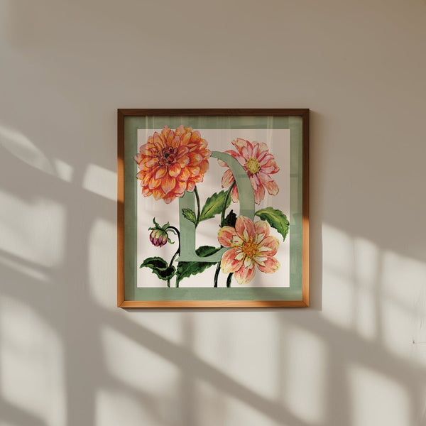 Letter D botanical nursery wall art print for a child's bedroom.