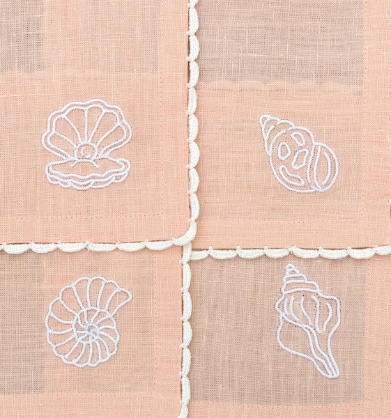 Hand Embroidered Seashell Glow Cocktail Napkins 6" x 6" (Set of 4)
