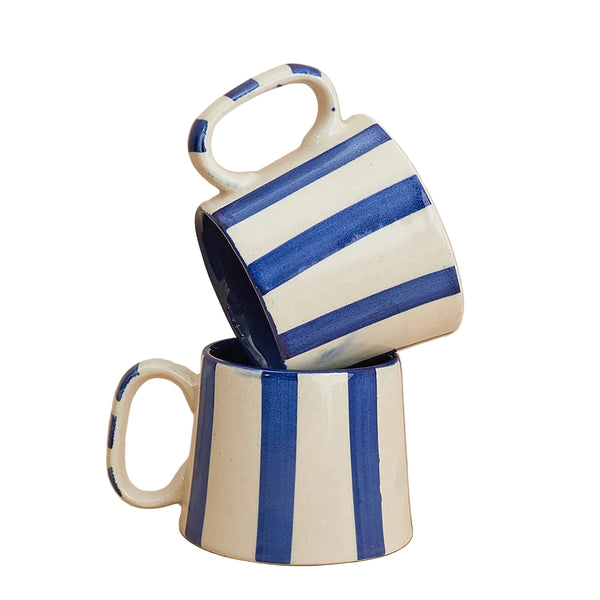 Ceramic Stripe Coffee Cup, Dark Blue 220ml Set of 4 - Casa Amarosa