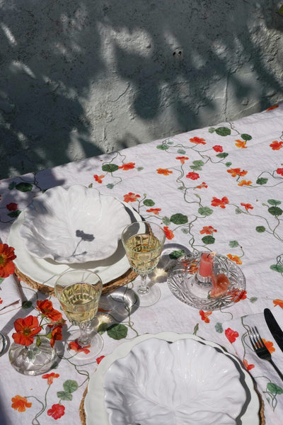 Linen tablecloth with nasturtium floral print