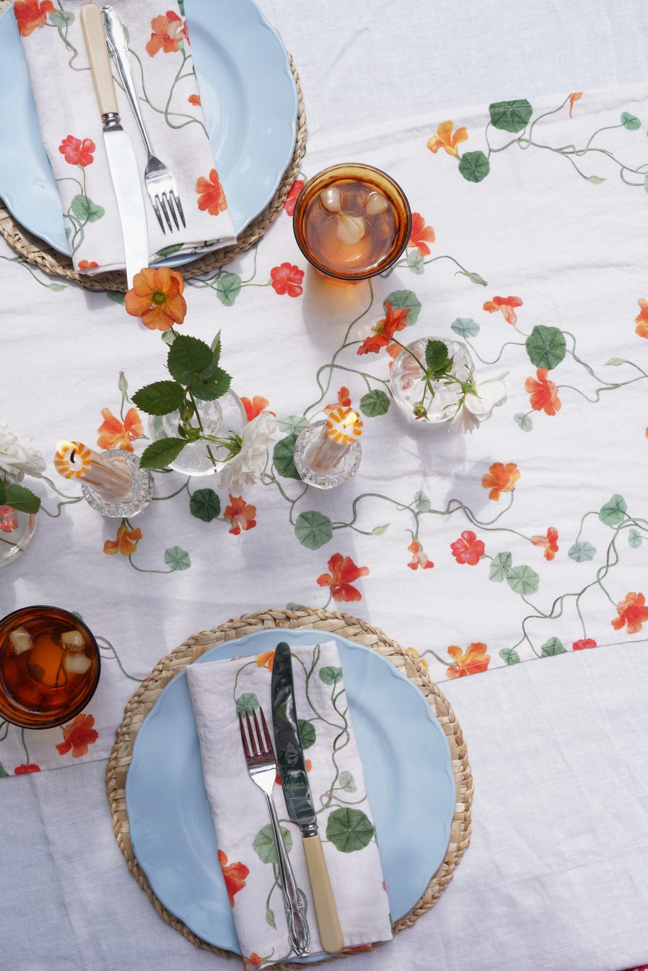 linen runner printed with floral print nasturtiums