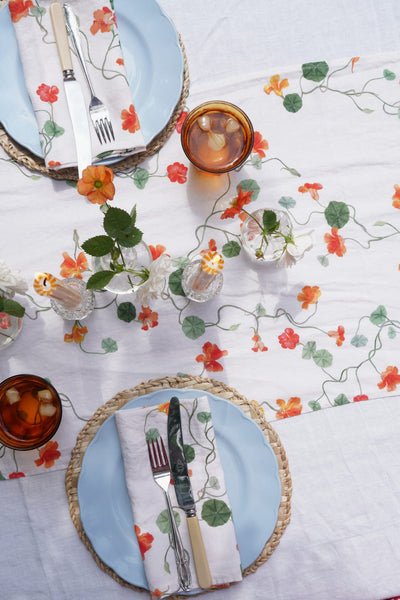 linen runner printed with floral print nasturtiums