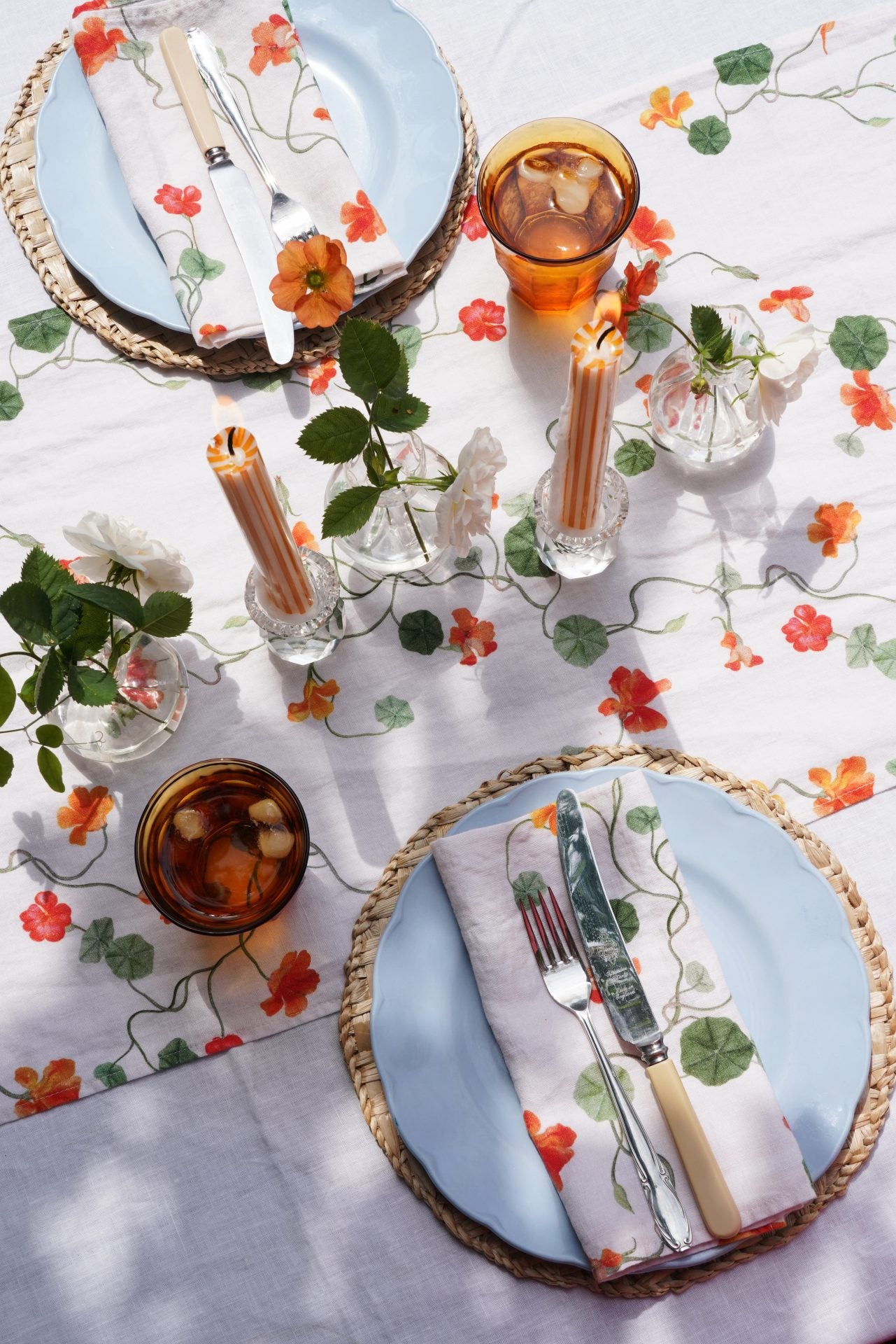 linen runner printed with floral print nasturtiums