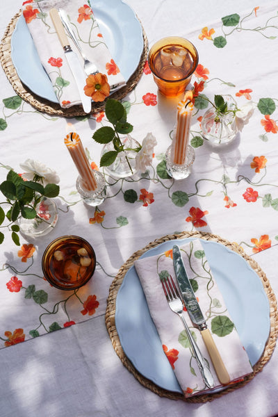 linen runner printed with floral print nasturtiums