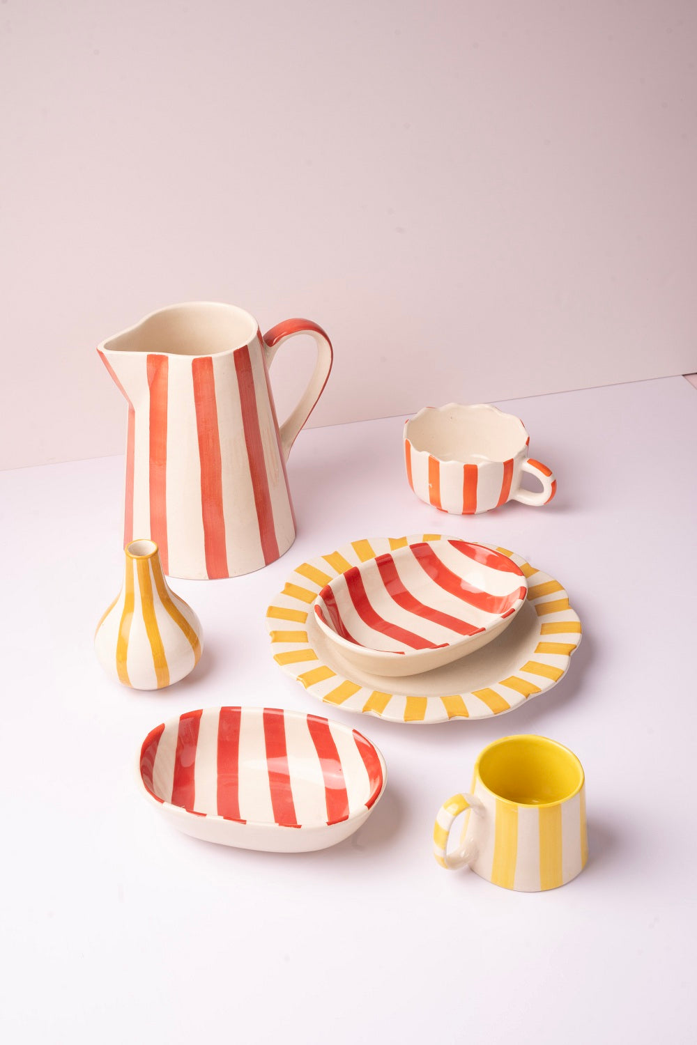 Ceramic Stripe Pitcher, Red- 8.25 x 8.25 x 8 Inches