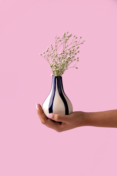 Ceramic Stripe Bud Vase, 3.5 x 3.5 x 4.75 Inches-  Blue , Set of 2