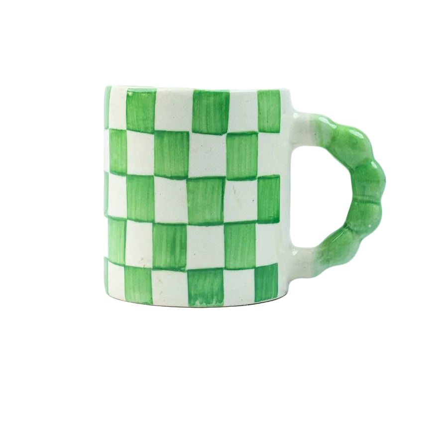 Green Checkered Ceramic Mug, 3x3x3.5 Inches (Set of 2)