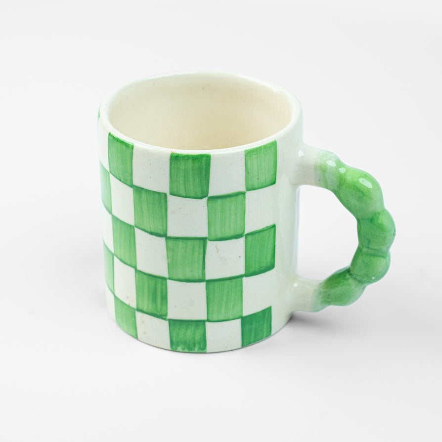 Green Checkered Ceramic Mug, 3x3x3.5 Inches (Set of 2)