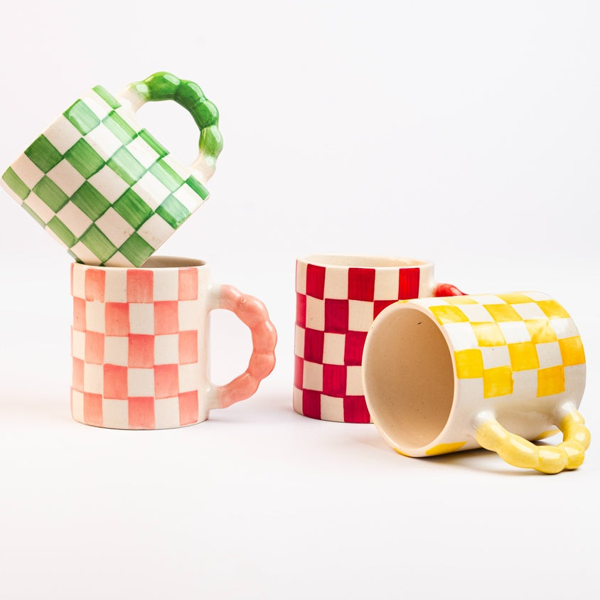 Green Checkered Ceramic Mug, 3x3x3.5 Inches (Set of 2)