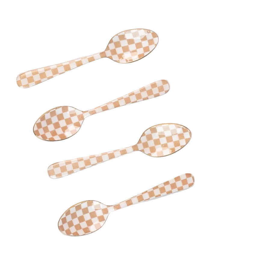 Checkered Enamel Spoon Set – (Set of 4) , 5.4 x 1 Inches