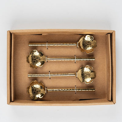 Flower Shaped Brass Cocktail Spoons Set of 4 5x1.5 Inches - Casa Amarosa