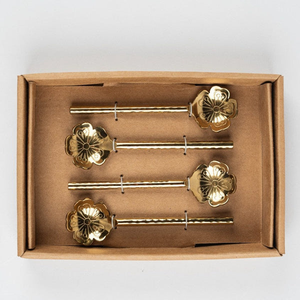 Flower Shaped Brass Cocktail Spoons Set of 4 5x1.5 Inches - Casa Amarosa