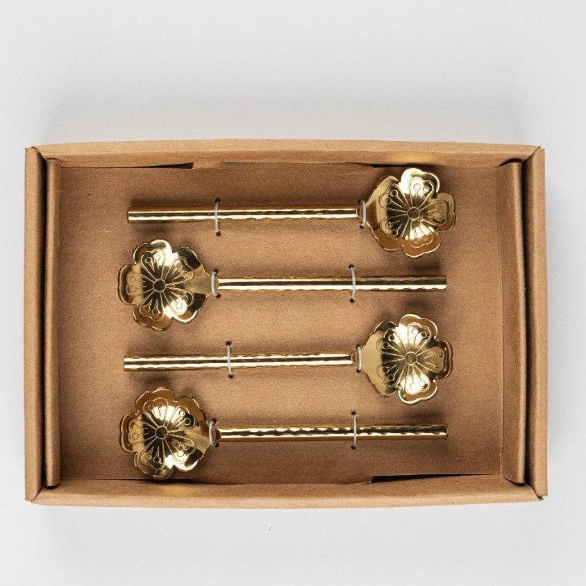 Flower Shaped Brass Cocktail Spoons ,(Set of 4) 5x1.5 Inches