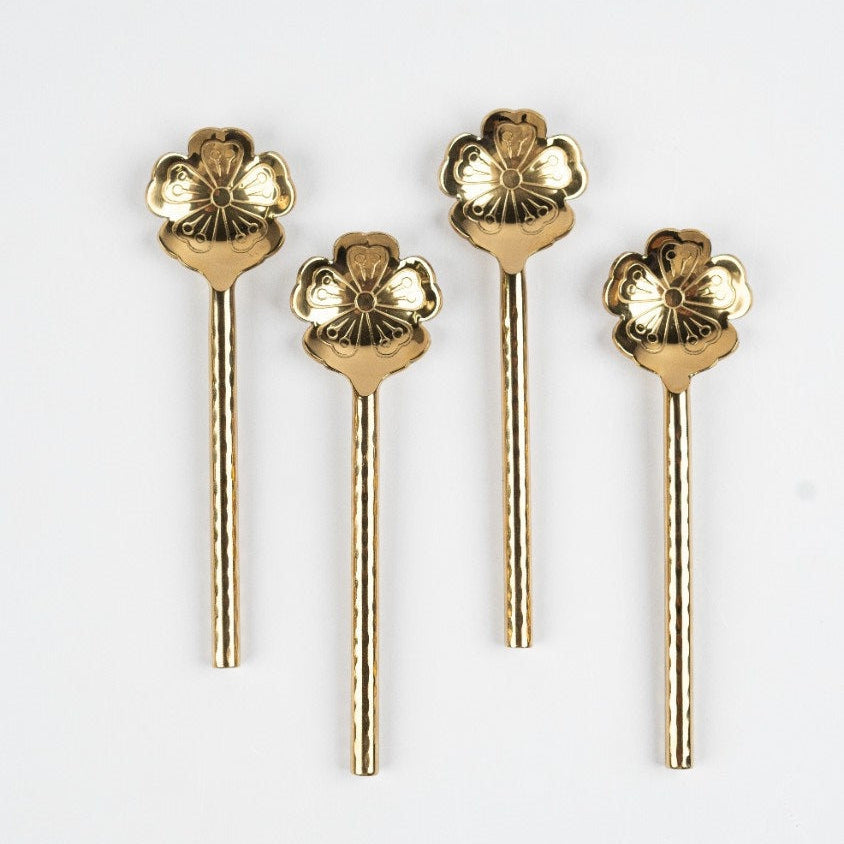 Flower Shaped Brass Cocktail Spoons ,(Set of 4) 5x1.5 Inches