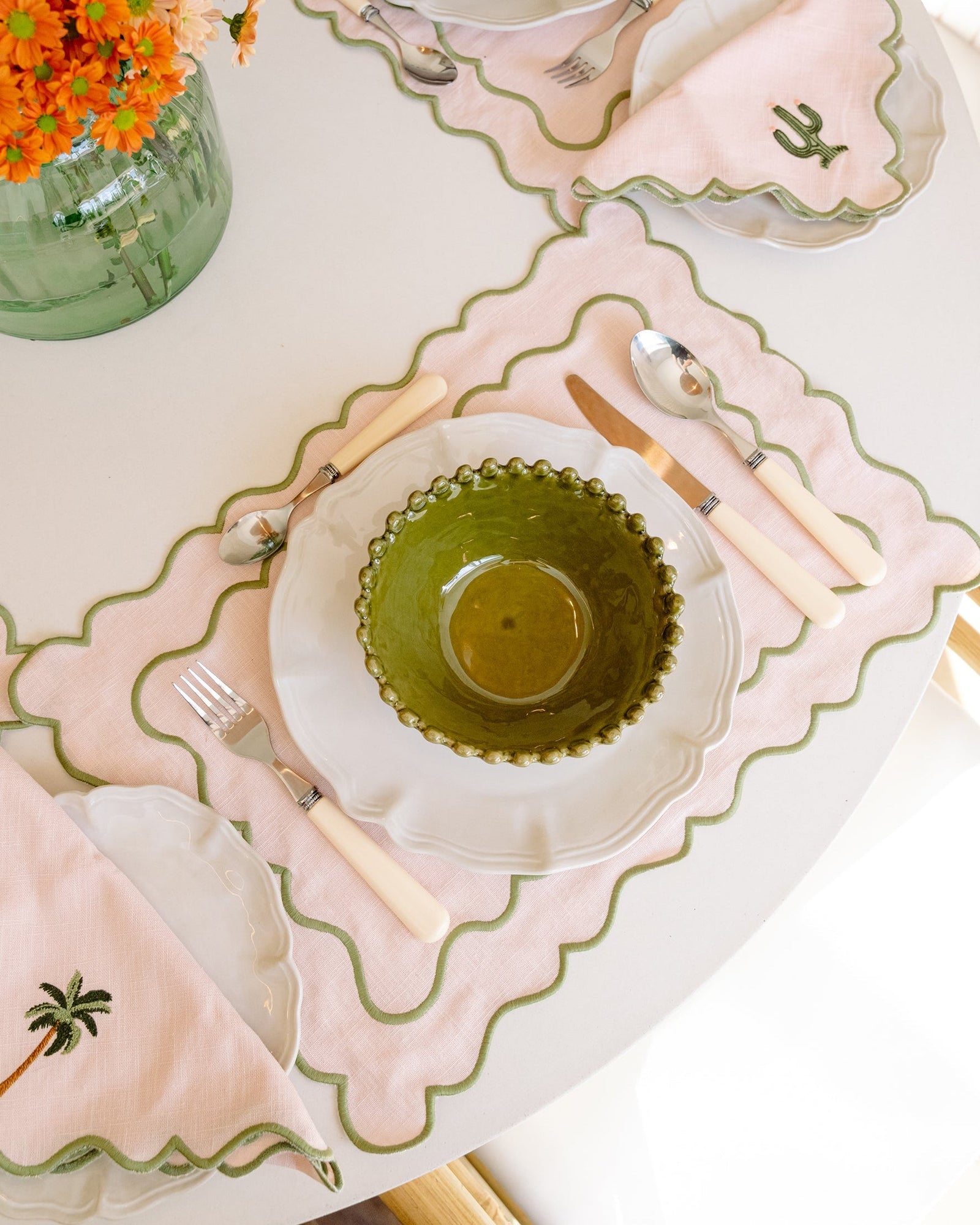 Scalloped Placemat, Baby Pink and Green