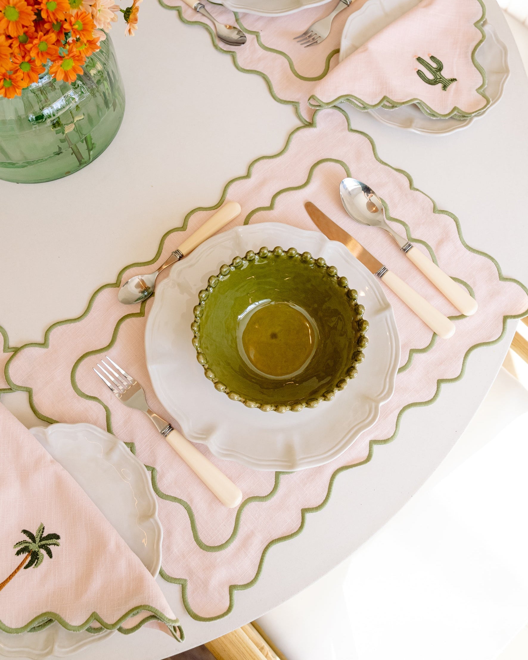 Scalloped Placemat, Baby Pink and Green