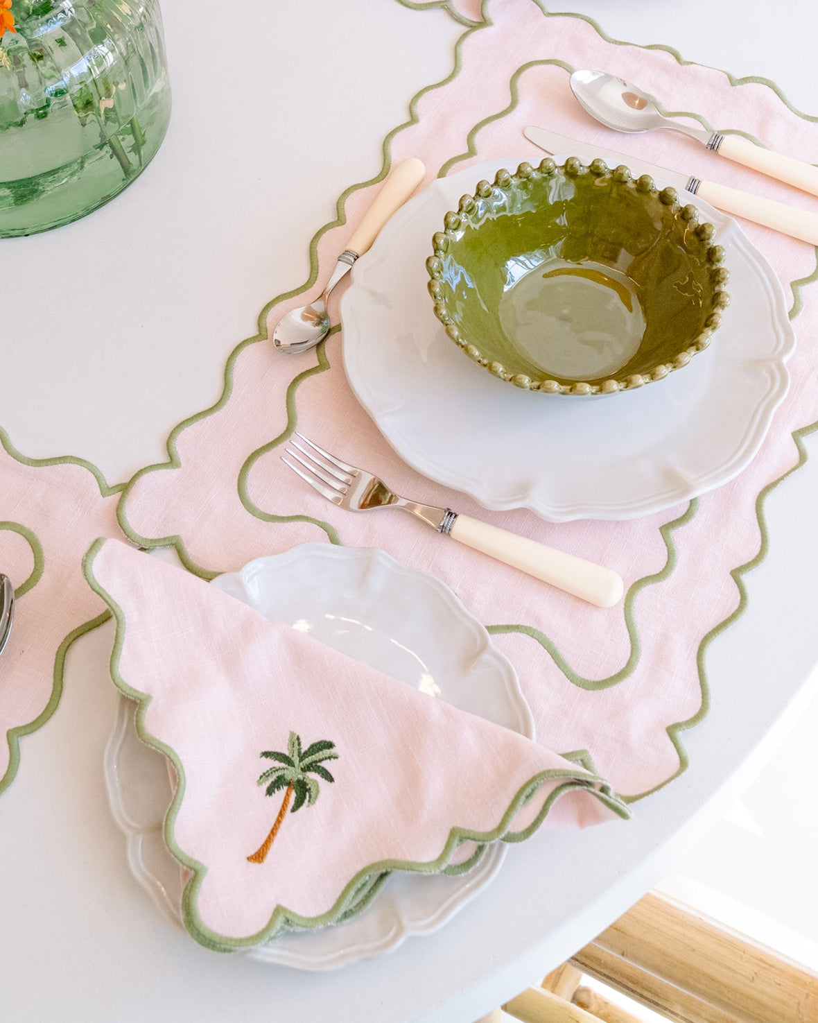 Baby Pink Scalloped Napkin with Green Embroidered Palm Tree