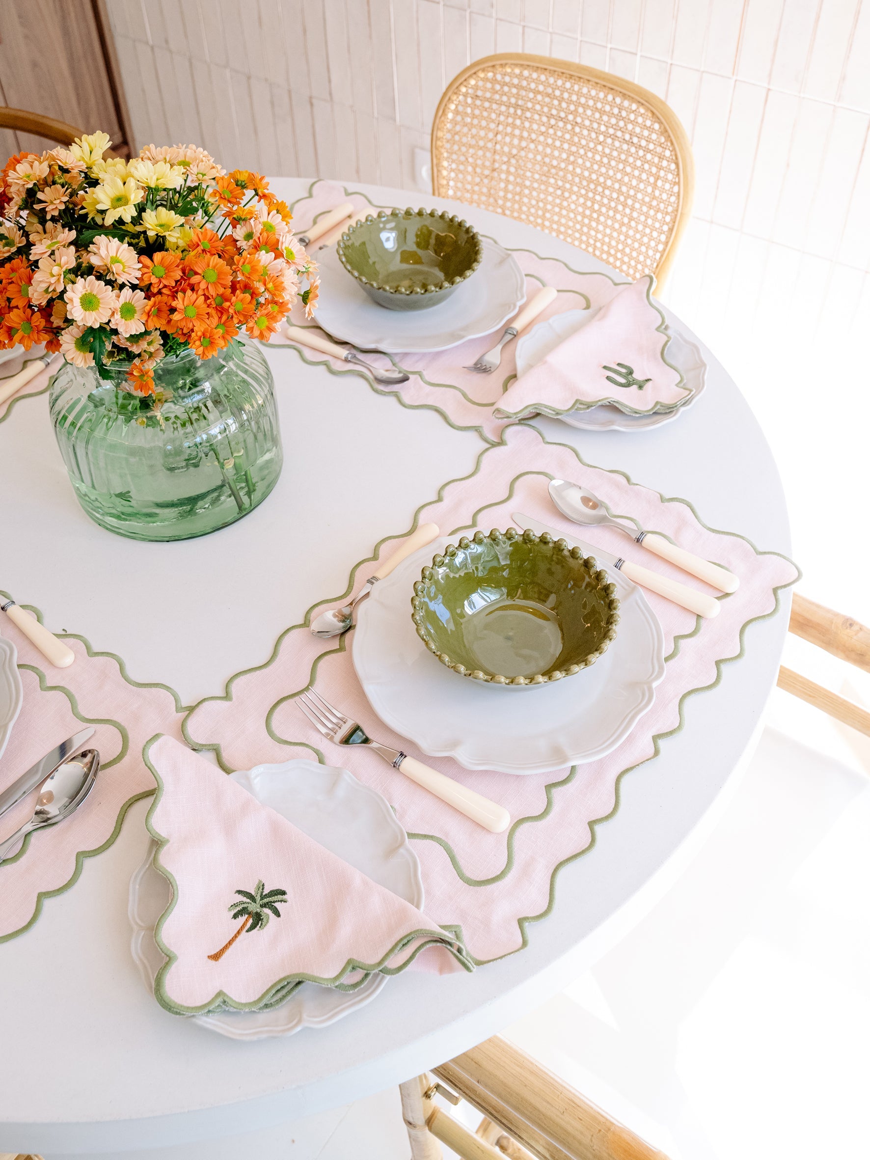 Scalloped Placemat, Baby Pink and Green