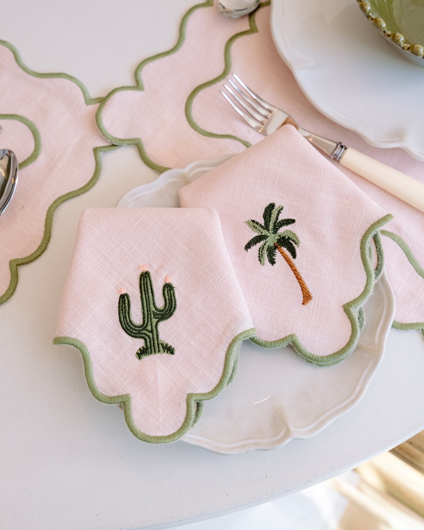 Baby Pink Scalloped Napkin with Green Embroidered Cactus