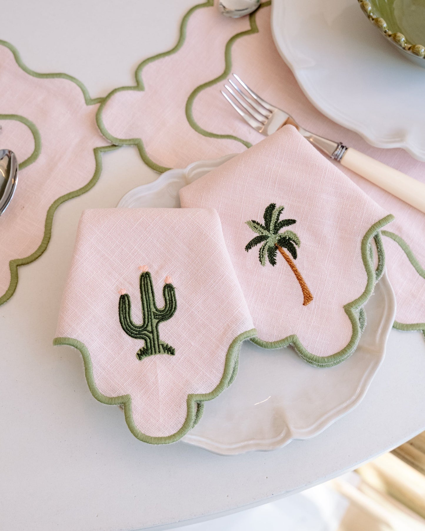 Baby Pink Scalloped Napkin with Green Embroidered Cactus