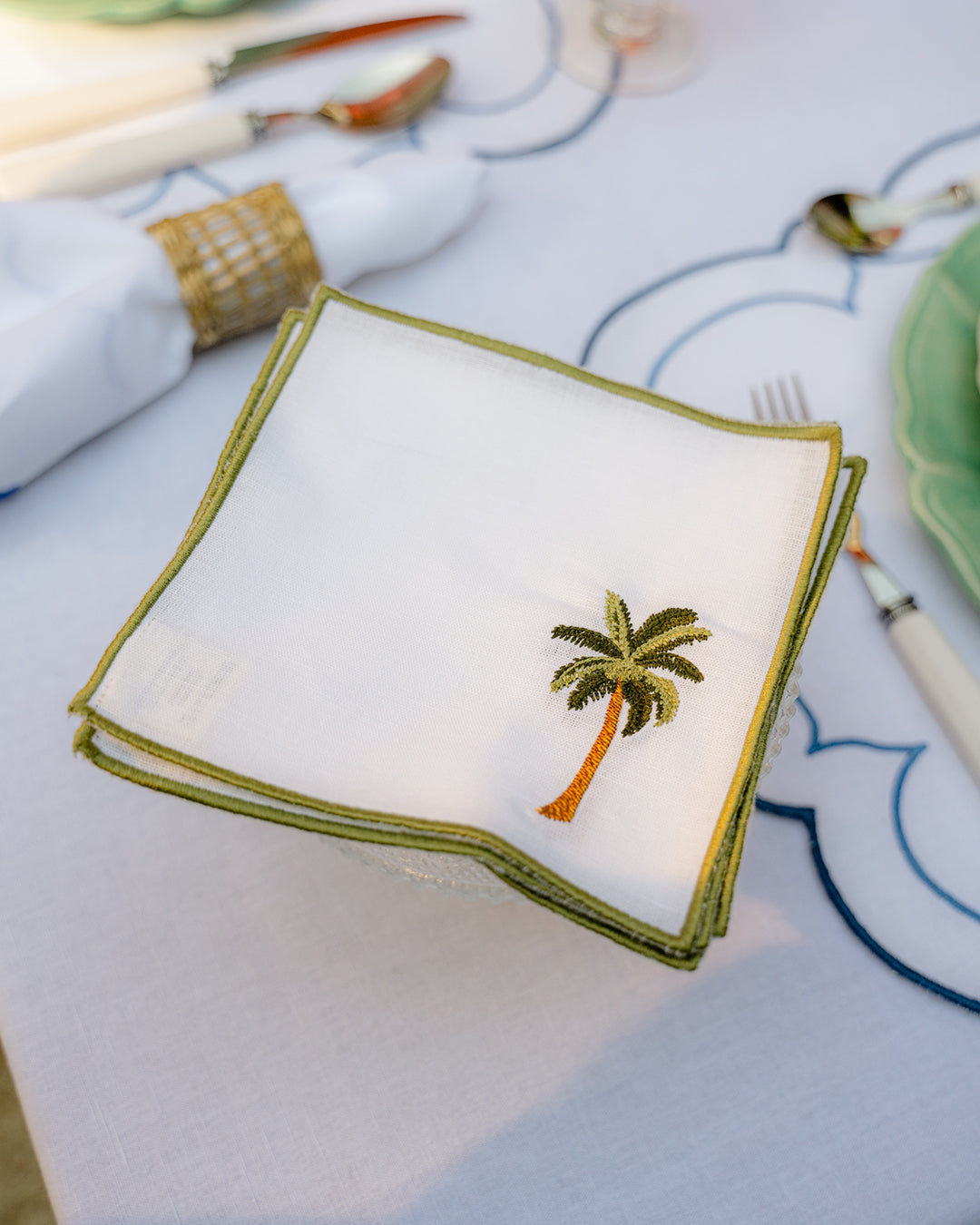 White Cocktail Napkin with Embroidered Palm Tree