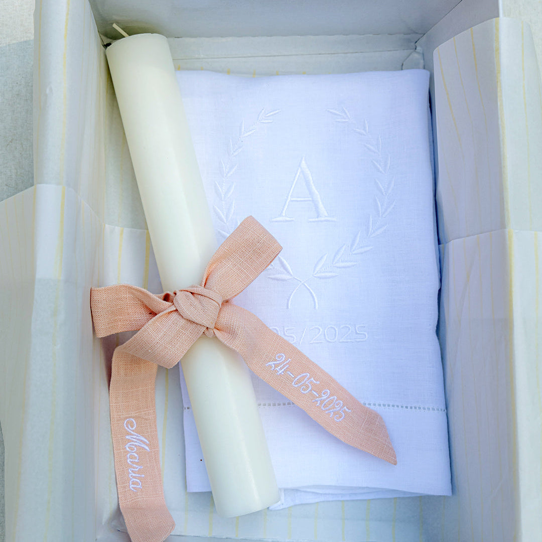 Christening Set with Embroidered Linen Towel and Pink Ribbon