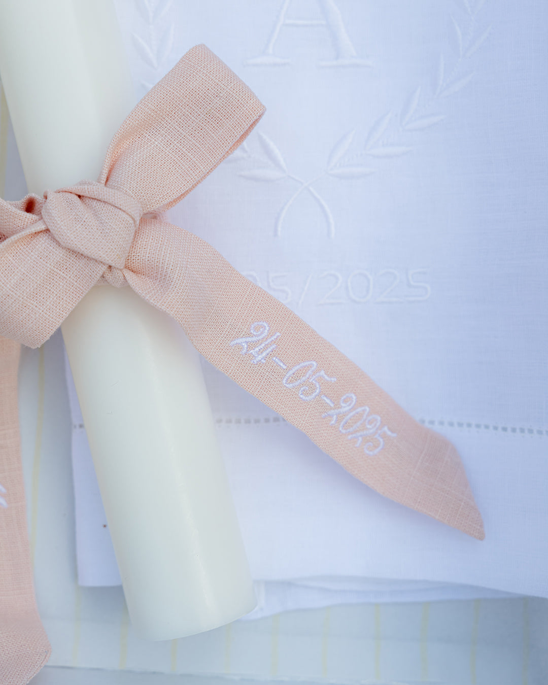 Christening Set with Embroidered Linen Towel and Pink Ribbon