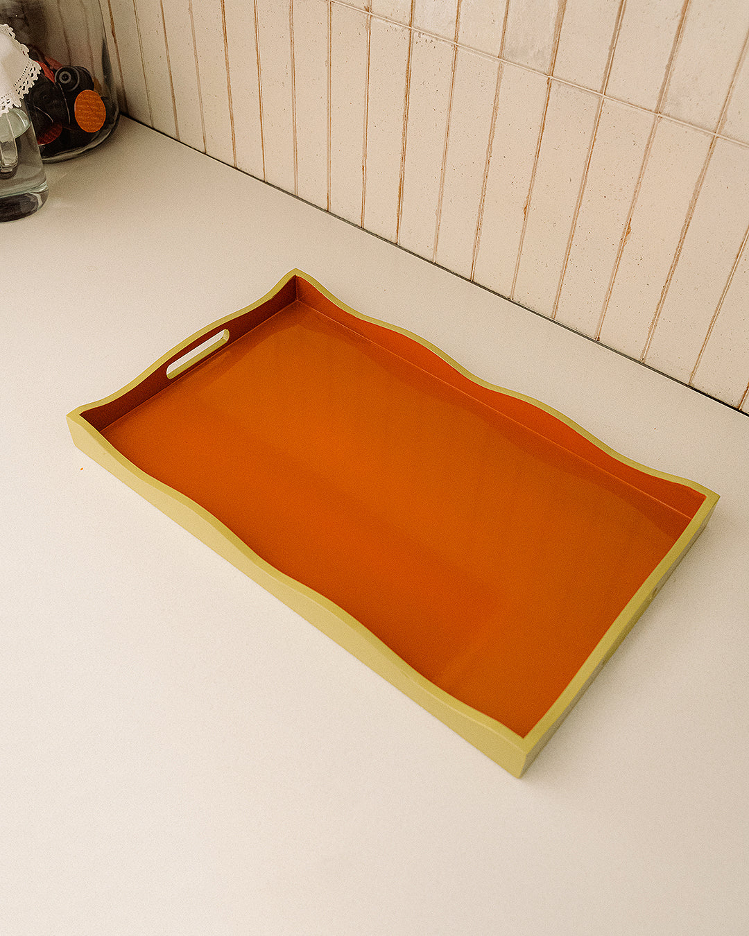 Alice Rectangular Tray, Green with Wavy Orange Edge, 52 x 32 cm