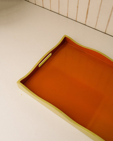 Alice Rectangular Tray, Green with Wavy Orange Edge, 52 x 32 cm