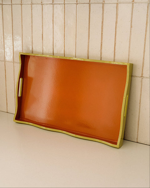 Alice Rectangular Tray, Green with Wavy Orange Edge, 52 x 32 cm