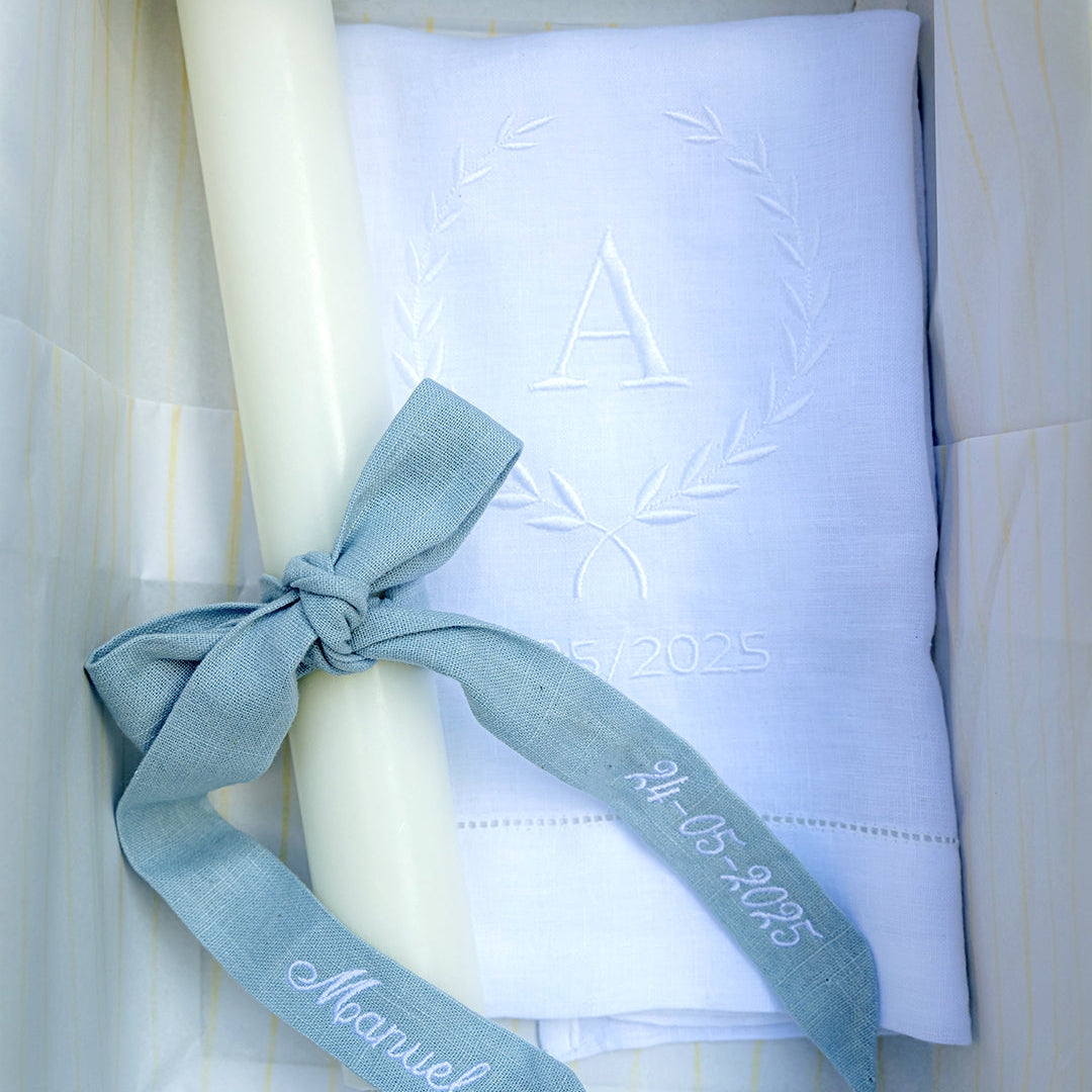 Christening Set with Embroidered Linen Towel and Blue Ribbon